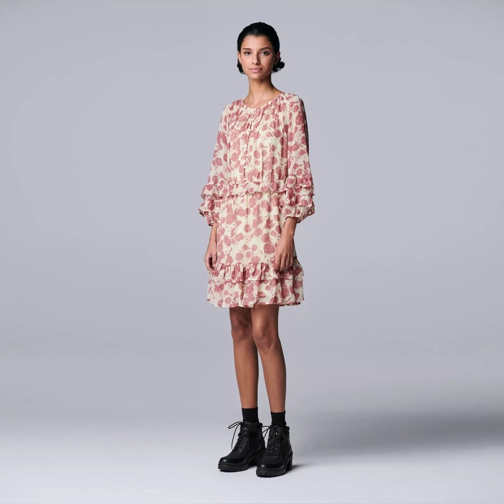 Simply Vera Vera Wang Floral Long Sleeve Dress -‎ Burgundy and White